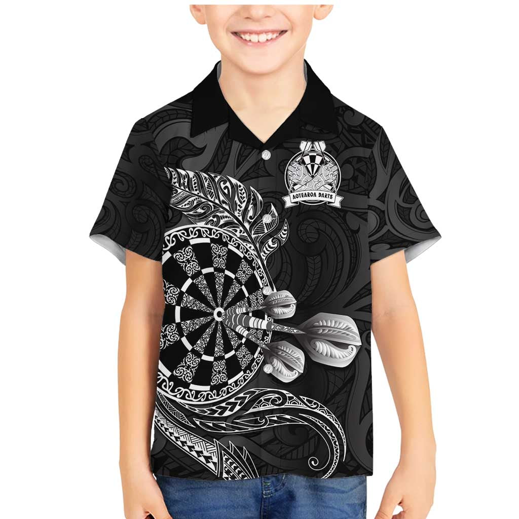 Personalised New Zealand Aotearoa Darts Masters Family Matching Mermaid Dress and Hawaiian Shirt Tribal Silver Fern and Ta Moko Dartboard LT03 Son's Shirt Black - Polynesian Pride