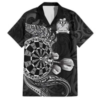 Personalised New Zealand Aotearoa Darts Masters Family Matching Off The Shoulder Long Sleeve Dress and Hawaiian Shirt Tribal Silver Fern and Ta Moko Dartboard LT03 Dad's Shirt - Short Sleeve Black - Polynesian Pride