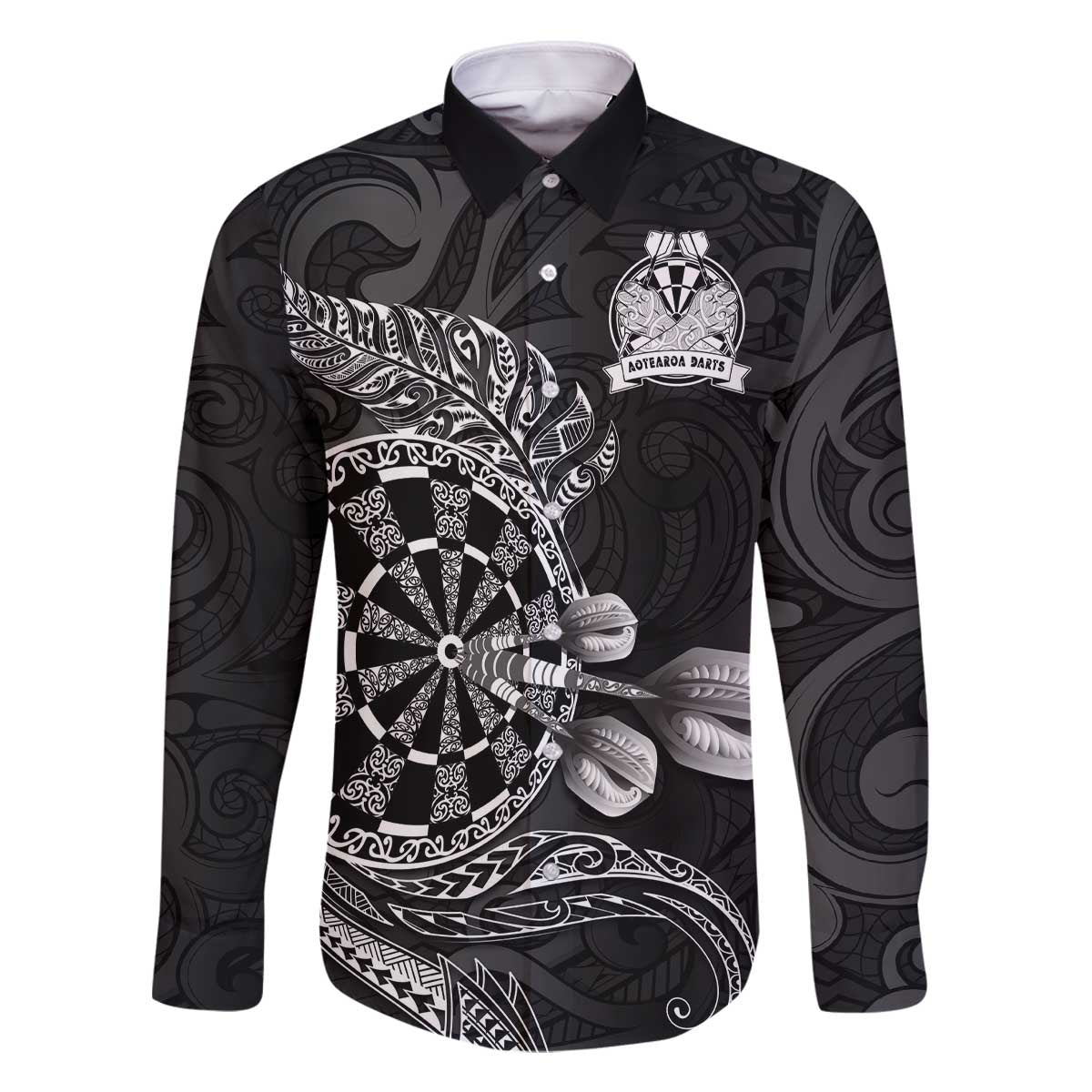 Personalised New Zealand Aotearoa Darts Masters Family Matching Off The Shoulder Long Sleeve Dress and Hawaiian Shirt Tribal Silver Fern and Ta Moko Dartboard LT03 Dad's Shirt - Long Sleeve Black - Polynesian Pride