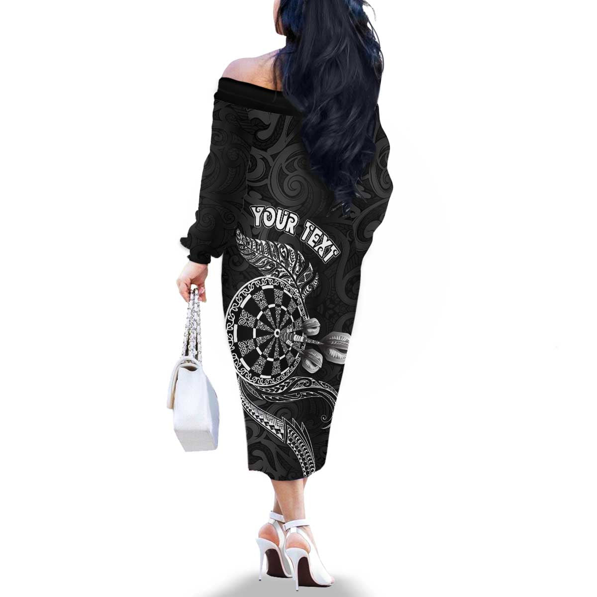 Personalised New Zealand Aotearoa Darts Masters Family Matching Off The Shoulder Long Sleeve Dress and Hawaiian Shirt Tribal Silver Fern and Ta Moko Dartboard LT03 - Polynesian Pride