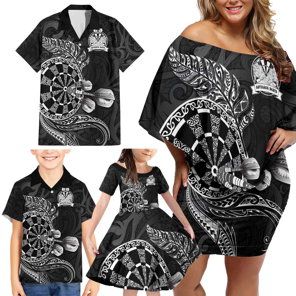 Personalised New Zealand Aotearoa Darts Masters Family Matching Off Shoulder Short Dress and Hawaiian Shirt Tribal Silver Fern and Ta Moko Dartboard - Polynesian Pride