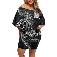 Personalised New Zealand Aotearoa Darts Masters Family Matching Off Shoulder Short Dress and Hawaiian Shirt Tribal Silver Fern and Ta Moko Dartboard LT03 Mom's Dress Black - Polynesian Pride