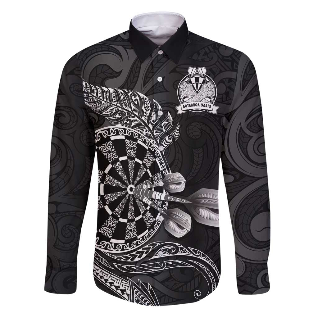 Personalised New Zealand Aotearoa Darts Masters Family Matching Puletasi and Hawaiian Shirt Tribal Silver Fern and Ta Moko Dartboard LT03 Dad's Shirt - Long Sleeve Black - Polynesian Pride
