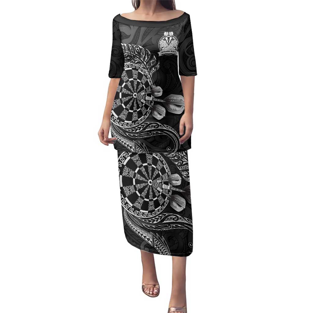 Personalised New Zealand Aotearoa Darts Masters Family Matching Puletasi and Hawaiian Shirt Tribal Silver Fern and Ta Moko Dartboard LT03 Mom's Dress Black - Polynesian Pride
