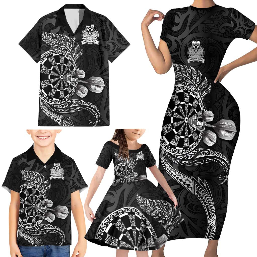 Personalised New Zealand Aotearoa Darts Masters Family Matching Short Sleeve Bodycon Dress and Hawaiian Shirt Tribal Silver Fern and Ta Moko Dartboard LT03 - Polynesian Pride