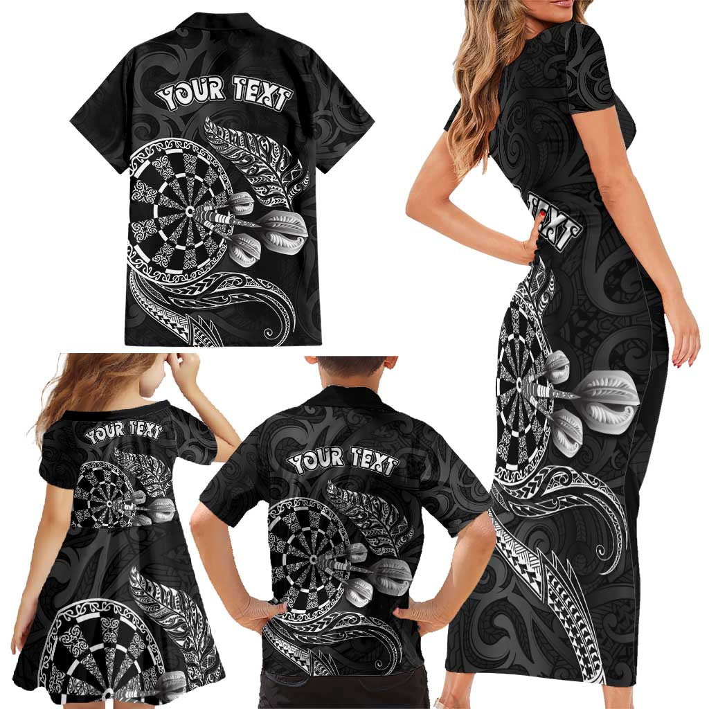 Personalised New Zealand Aotearoa Darts Masters Family Matching Short Sleeve Bodycon Dress and Hawaiian Shirt Tribal Silver Fern and Ta Moko Dartboard LT03 - Polynesian Pride