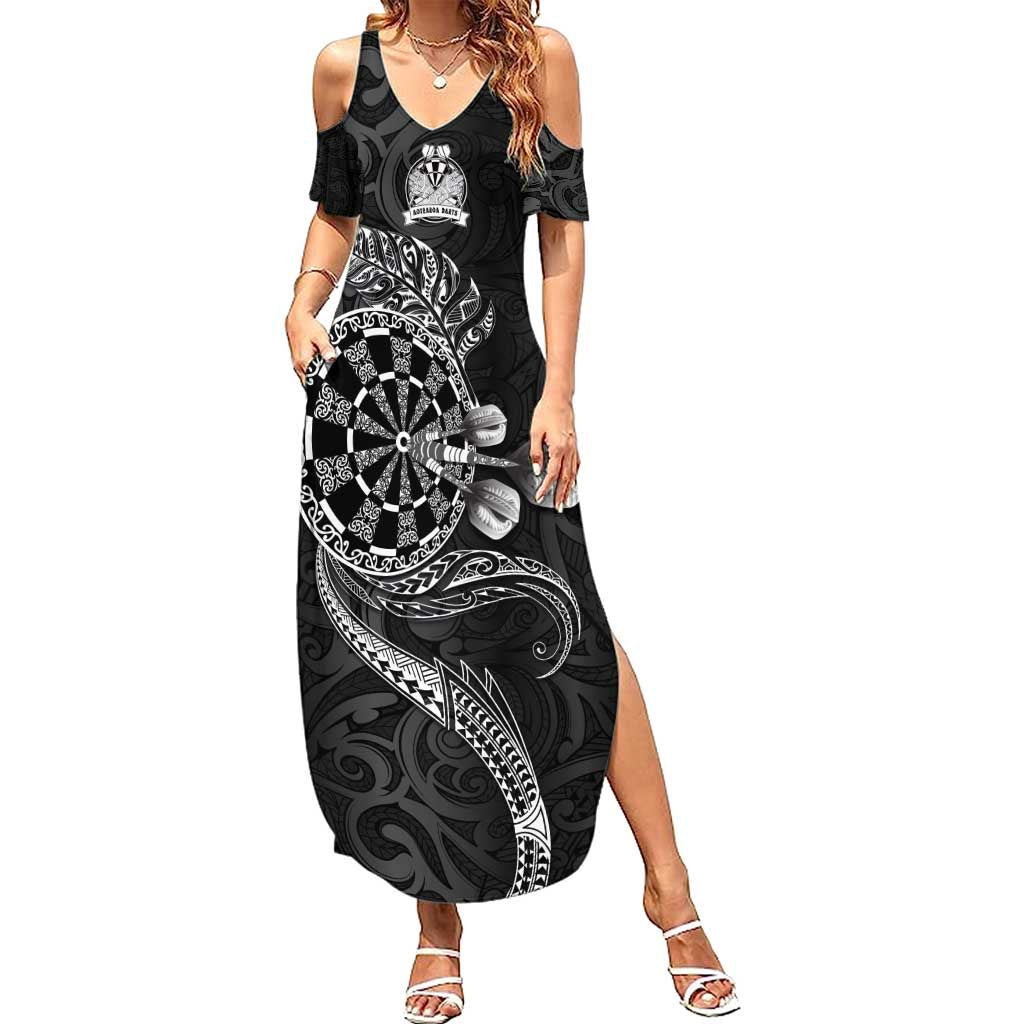 Personalised New Zealand Aotearoa Darts Masters Family Matching Summer Maxi Dress and Hawaiian Shirt Tribal Silver Fern and Ta Moko Dartboard LT03 Mom's Dress Black - Polynesian Pride