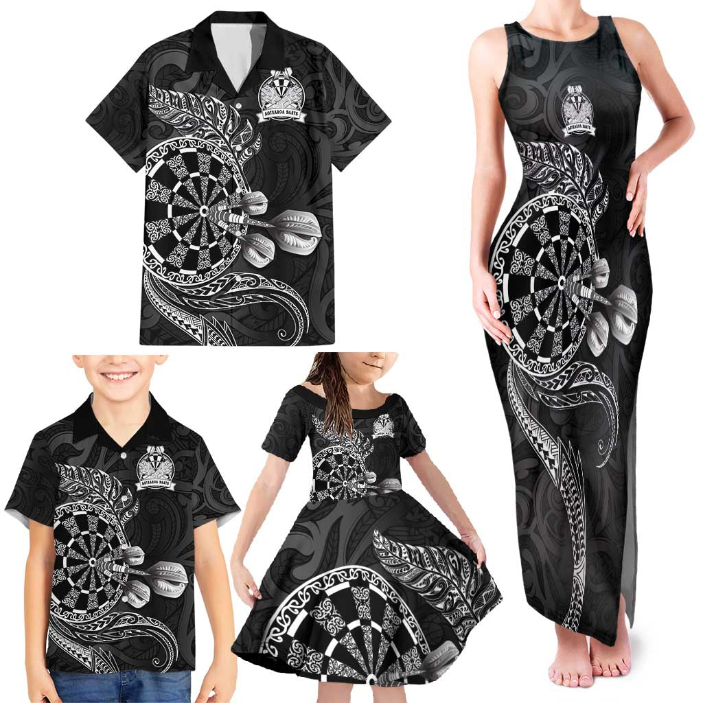 Personalised New Zealand Aotearoa Darts Masters Family Matching Tank Maxi Dress and Hawaiian Shirt Tribal Silver Fern and Ta Moko Dartboard - Polynesian Pride