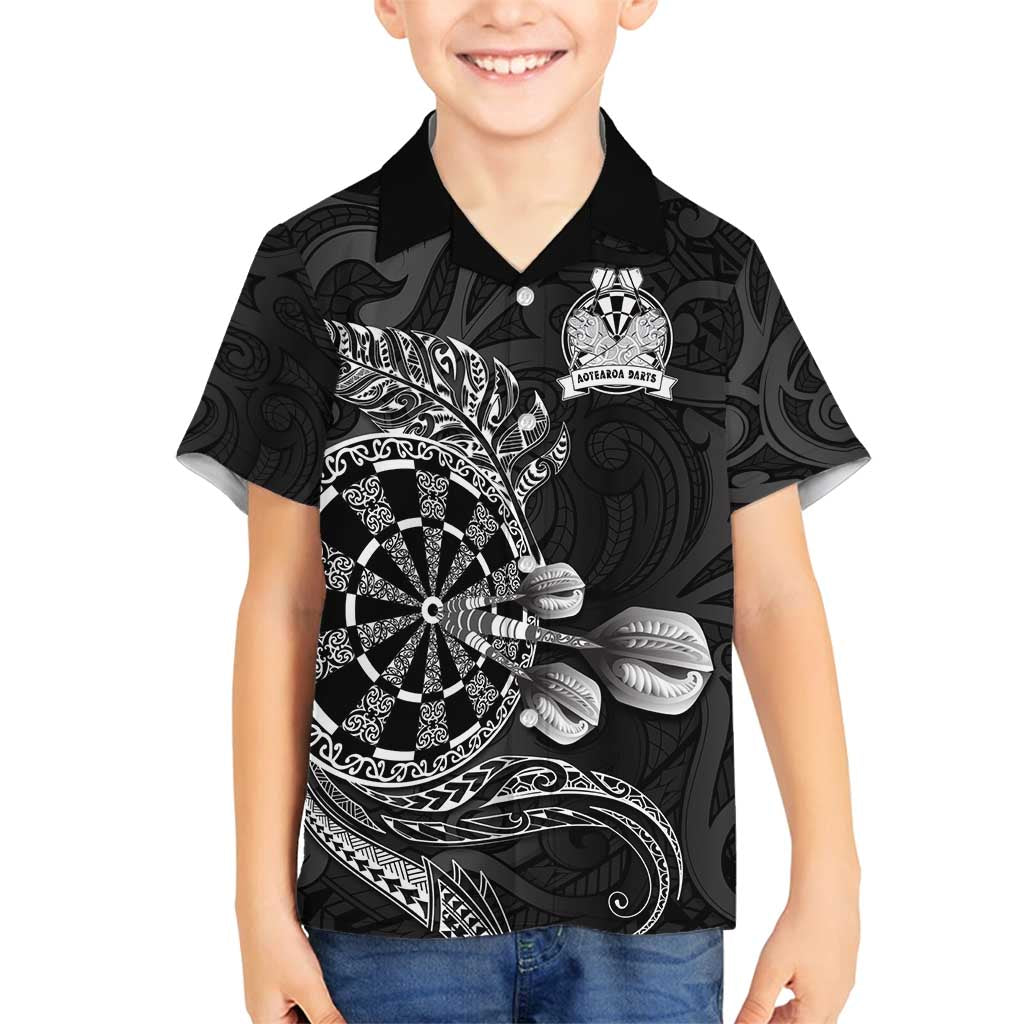 Personalised New Zealand Aotearoa Darts Masters Family Matching Tank Maxi Dress and Hawaiian Shirt Tribal Silver Fern and Ta Moko Dartboard LT03 Son's Shirt Black - Polynesian Pride
