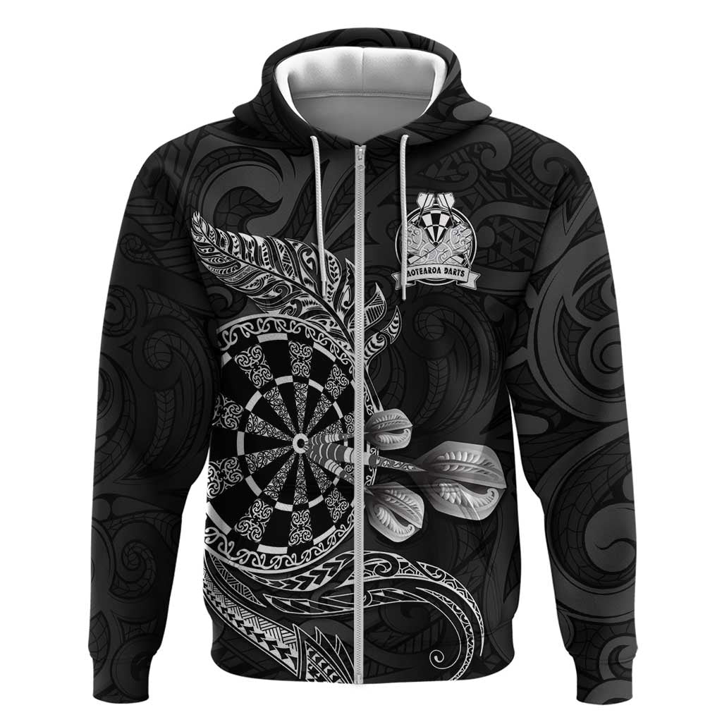 Personalised New Zealand Aotearoa Darts Masters Hoodie Tribal Silver Fern and Ta Moko Dartboard LT03 Zip Hoodie Black - Polynesian Pride