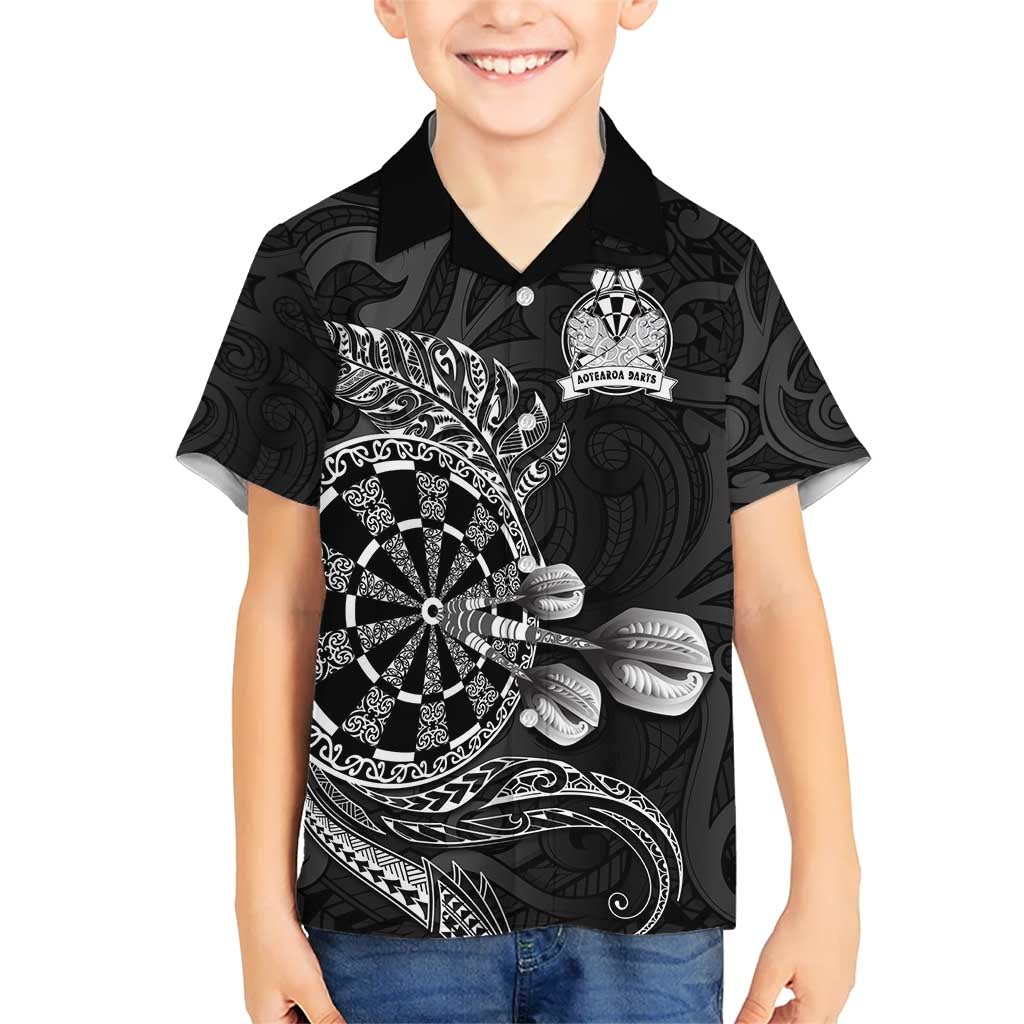 Personalised New Zealand Aotearoa Darts Masters Kid Hawaiian Shirt Tribal Silver Fern and Ta Moko Dartboard LT03 Kid Black - Polynesian Pride