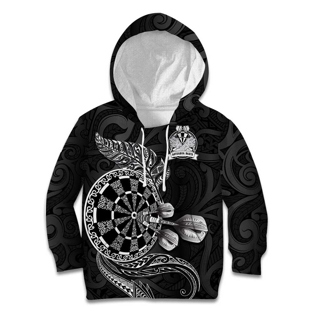 Personalised New Zealand Aotearoa Darts Masters Kid Hoodie Tribal Silver Fern and Ta Moko Dartboard LT03 Hoodie Black - Polynesian Pride