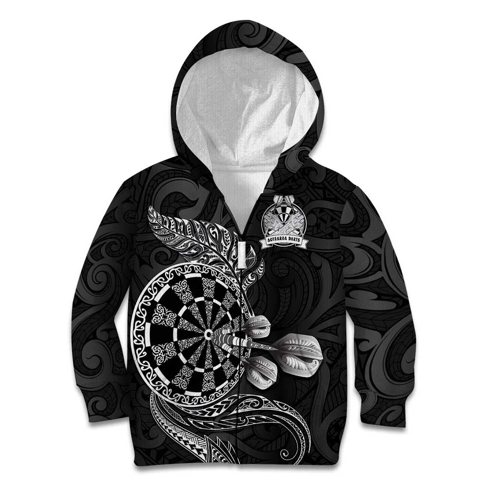 Personalised New Zealand Aotearoa Darts Masters Kid Hoodie Tribal Silver Fern and Ta Moko Dartboard LT03 Zip Hoodie Black - Polynesian Pride