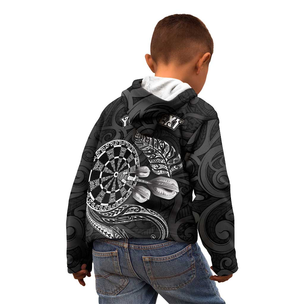 Personalised New Zealand Aotearoa Darts Masters Kid Hoodie Tribal Silver Fern and Ta Moko Dartboard LT03 - Polynesian Pride