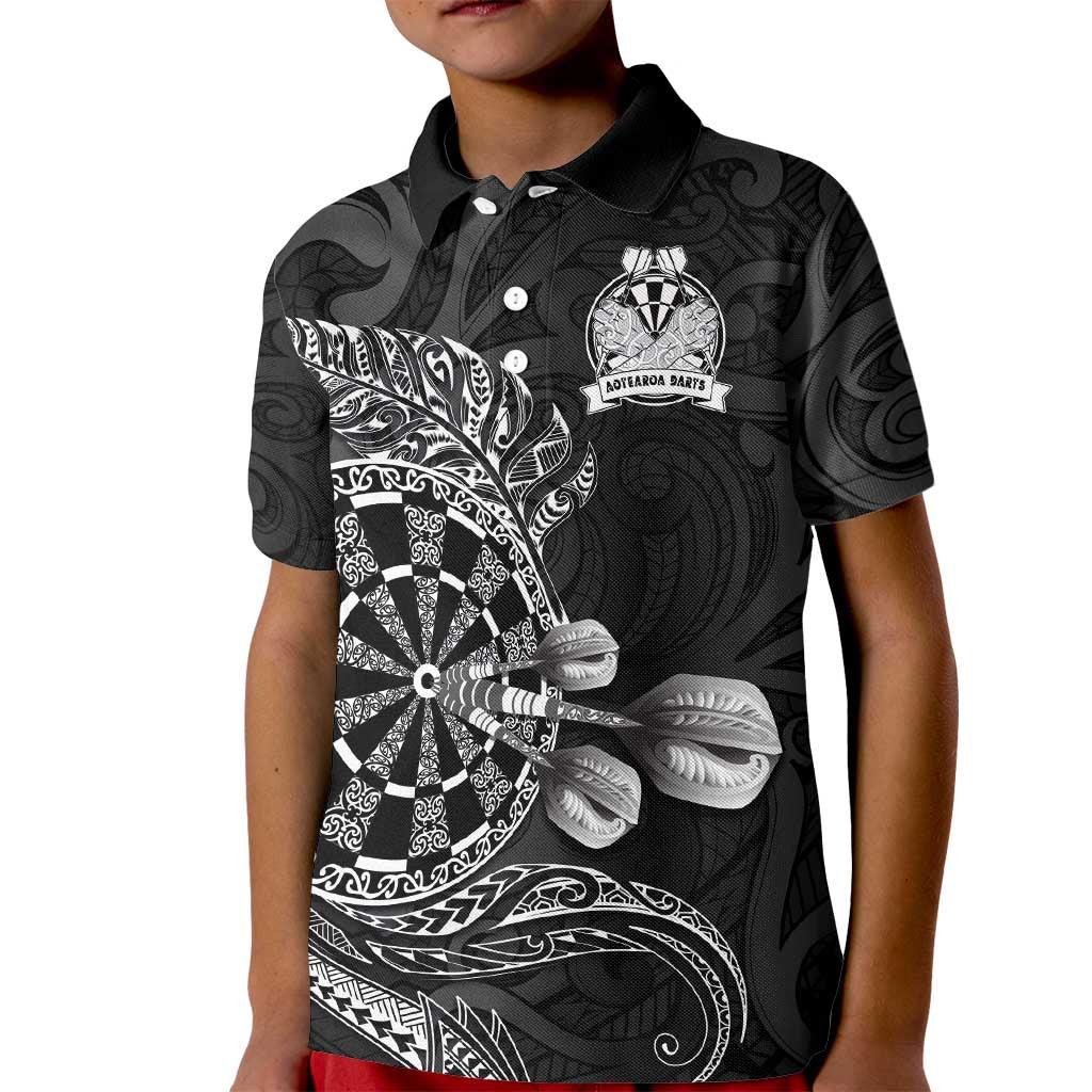 Personalised New Zealand Aotearoa Darts Masters Kid Polo Shirt Tribal Silver Fern and Ta Moko Dartboard LT03 Kid Black - Polynesian Pride