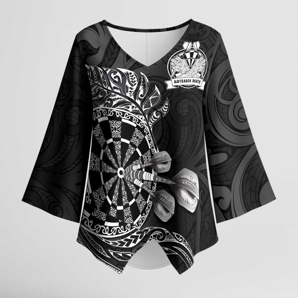 Personalised New Zealand Aotearoa Darts Masters Kimono Sleeve Blouse Tribal Silver Fern and Ta Moko Dartboard - Polynesian Pride