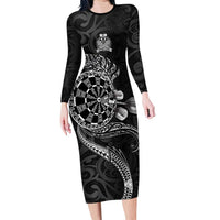 Personalised New Zealand Aotearoa Darts Masters Long Sleeve Bodycon Dress Tribal Silver Fern and Ta Moko Dartboard LT03 Long Dress Black - Polynesian Pride