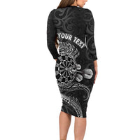 Personalised New Zealand Aotearoa Darts Masters Long Sleeve Bodycon Dress Tribal Silver Fern and Ta Moko Dartboard LT03 - Polynesian Pride