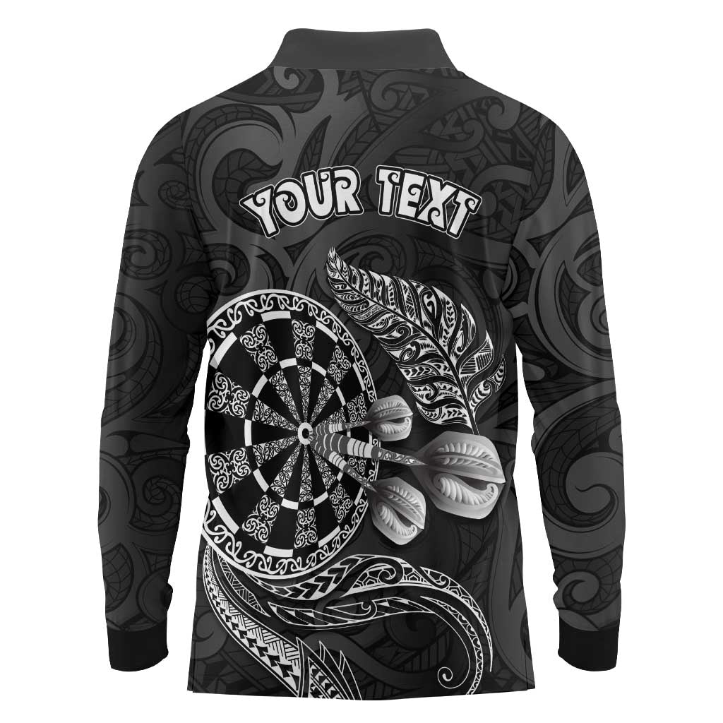 Personalised New Zealand Aotearoa Darts Masters Long Sleeve Polo Shirt Tribal Silver Fern and Ta Moko Dartboard LT03 - Polynesian Pride