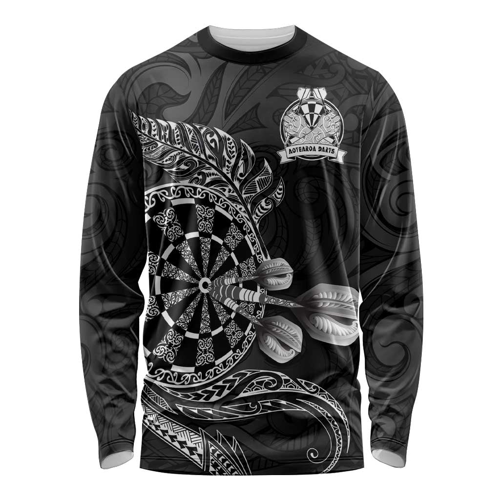 Personalised New Zealand Aotearoa Darts Masters Long Sleeve Shirt Tribal Silver Fern and Ta Moko Dartboard LT03 Unisex Black - Polynesian Pride
