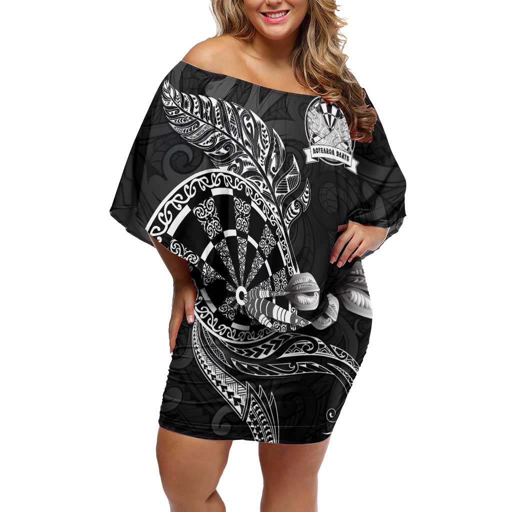 Personalised New Zealand Aotearoa Darts Masters Off Shoulder Short Dress Tribal Silver Fern and Ta Moko Dartboard LT03 Women Black - Polynesian Pride