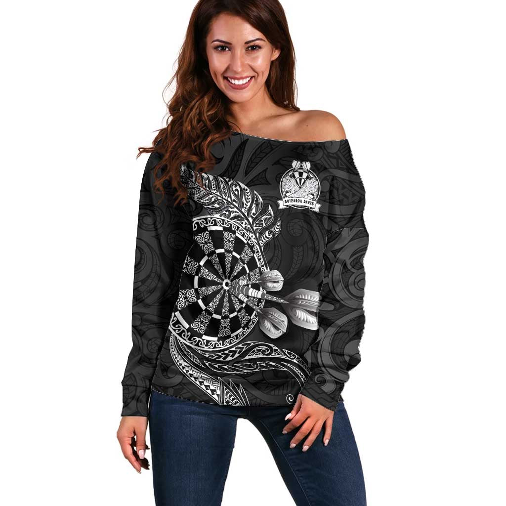 Personalised New Zealand Aotearoa Darts Masters Off Shoulder Sweater Tribal Silver Fern and Ta Moko Dartboard - Polynesian Pride