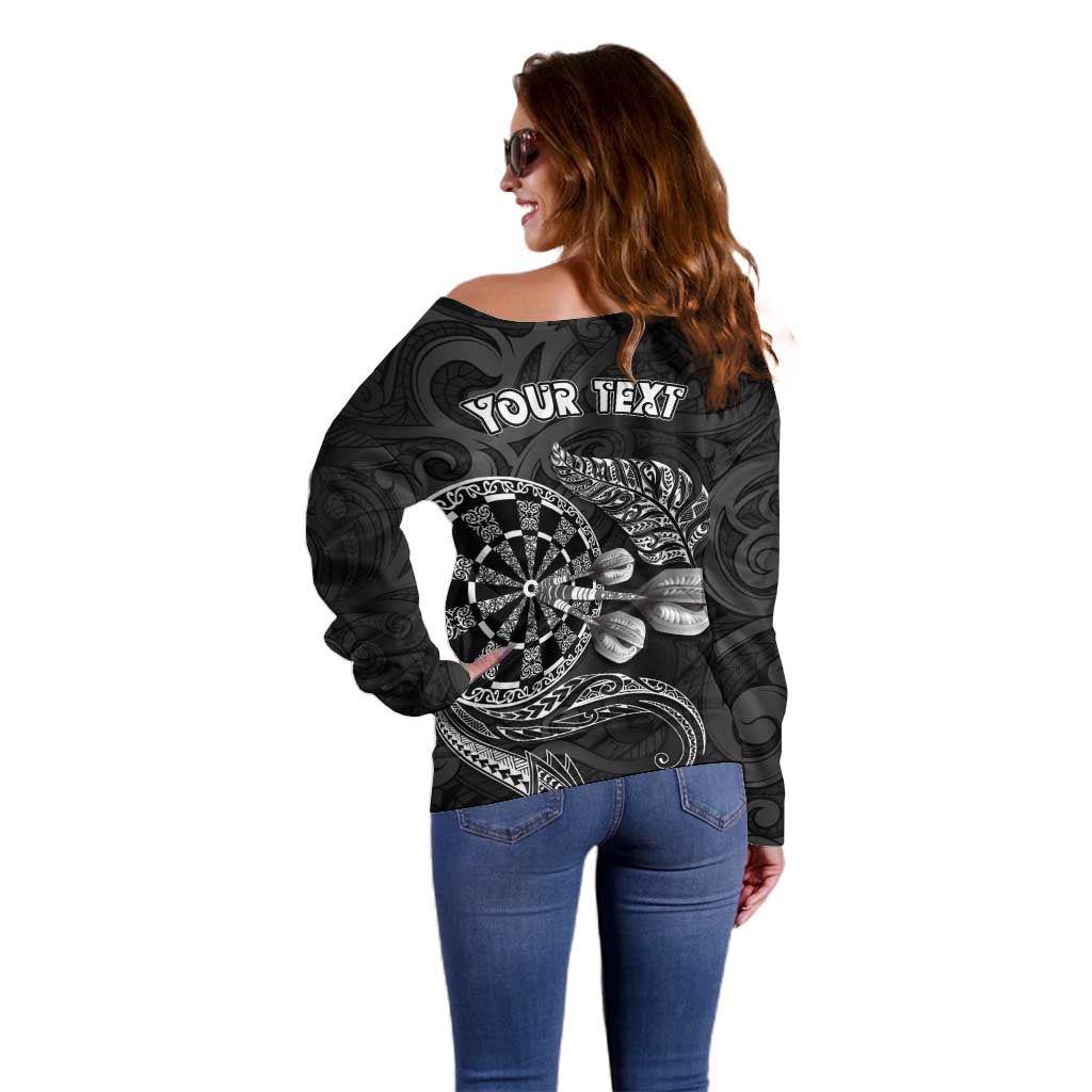 Personalised New Zealand Aotearoa Darts Masters Off Shoulder Sweater Tribal Silver Fern and Ta Moko Dartboard - Polynesian Pride