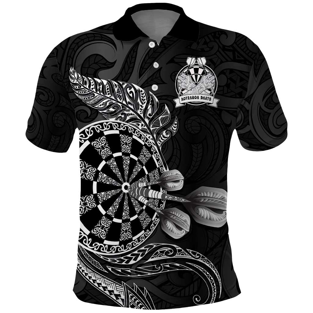 Personalised New Zealand Aotearoa Darts Masters Polo Shirt Tribal Silver Fern and Ta Moko Dartboard LT03 Black - Polynesian Pride