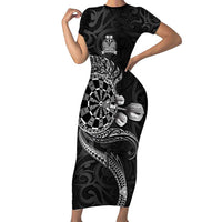 Personalised New Zealand Aotearoa Darts Masters Short Sleeve Bodycon Dress Tribal Silver Fern and Ta Moko Dartboard LT03 Long Dress Black - Polynesian Pride