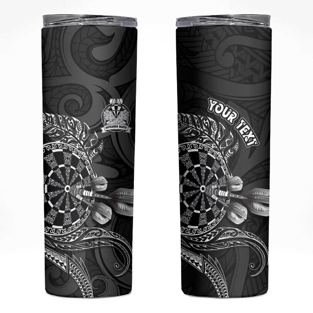 Personalised New Zealand Aotearoa Darts Masters Skinny Tumbler Tribal Silver Fern and Ta Moko Dartboard LT03 Black - Polynesian Pride