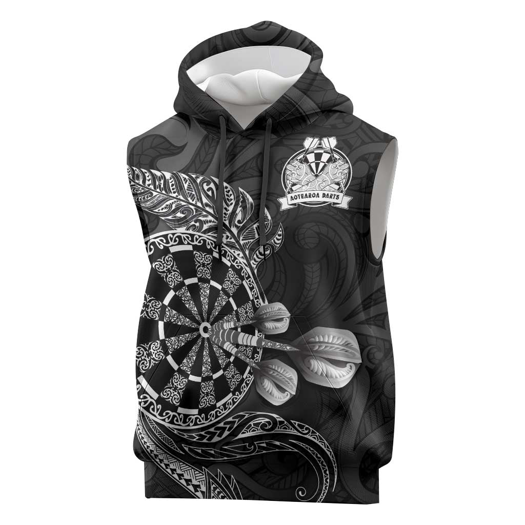 Personalised New Zealand Aotearoa Darts Masters Sleeveless Hoodie Tribal Silver Fern and Ta Moko Dartboard LT03 Black - Polynesian Pride