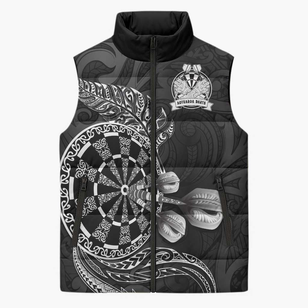Personalised New Zealand Aotearoa Darts Masters Sleeveless Puffer Jacket Tribal Silver Fern and Ta Moko Dartboard - Polynesian Pride