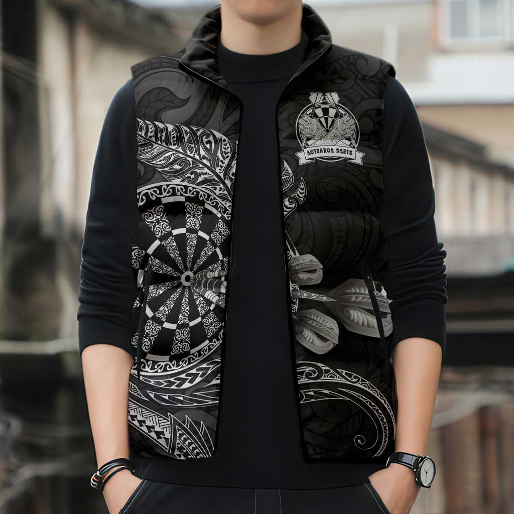 Personalised New Zealand Aotearoa Darts Masters Sleeveless Puffer Jacket Tribal Silver Fern and Ta Moko Dartboard - Polynesian Pride