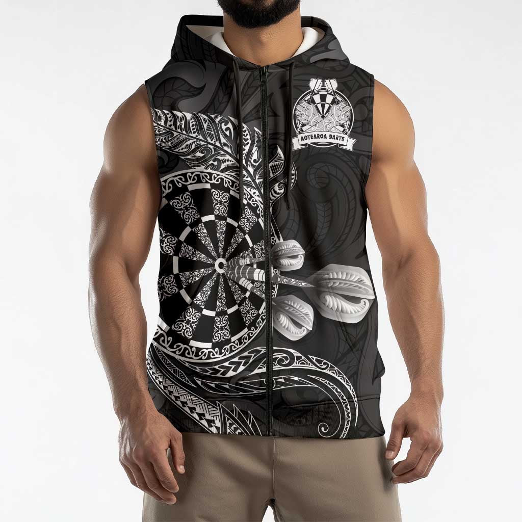 Personalised New Zealand Aotearoa Darts Masters Sleeveless Zip Hoodie Tribal Silver Fern and Ta Moko Dartboard LT03 - Polynesian Pride