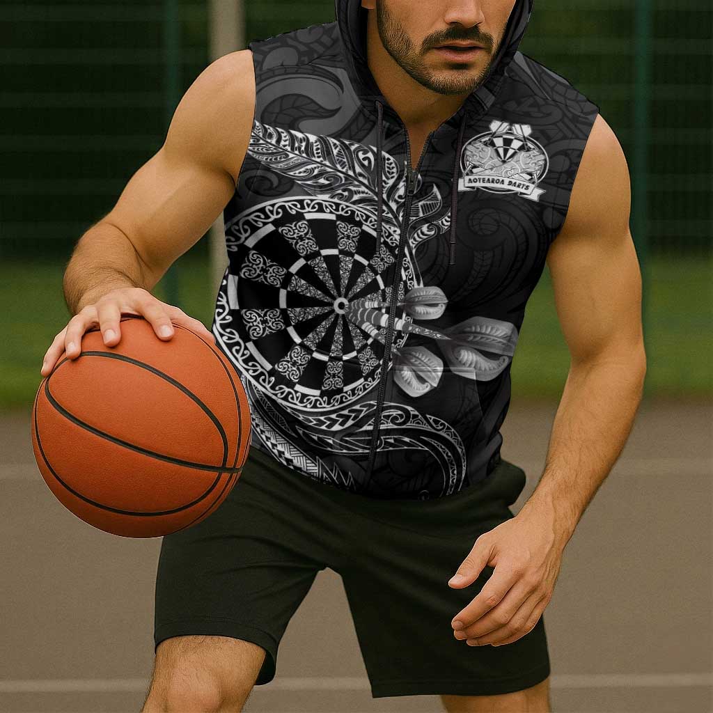 Personalised New Zealand Aotearoa Darts Masters Sleeveless Zip Hoodie Tribal Silver Fern and Ta Moko Dartboard LT03 - Polynesian Pride