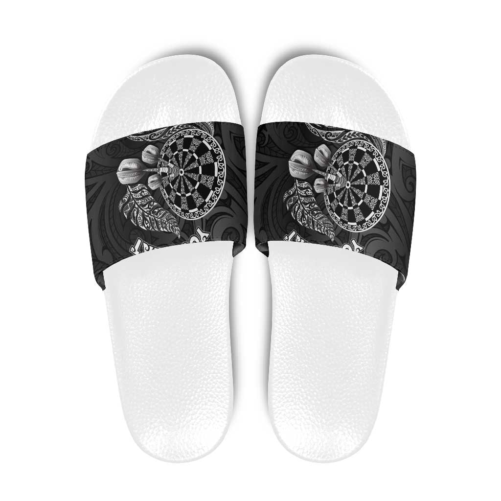 Personalised New Zealand Aotearoa Darts Masters Slide Sandals Tribal Silver Fern and Ta Moko Dartboard - Polynesian Pride