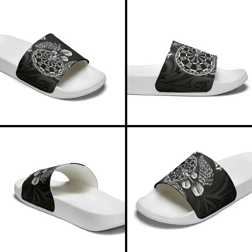 Personalised New Zealand Aotearoa Darts Masters Slide Sandals Tribal Silver Fern and Ta Moko Dartboard - Polynesian Pride