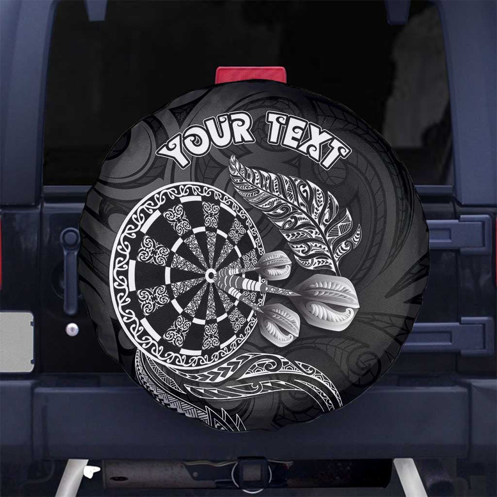 Personalised New Zealand Aotearoa Darts Masters Spare Tire Cover Tribal Silver Fern and Ta Moko Dartboard LT03 No hole Black - Polynesian Pride