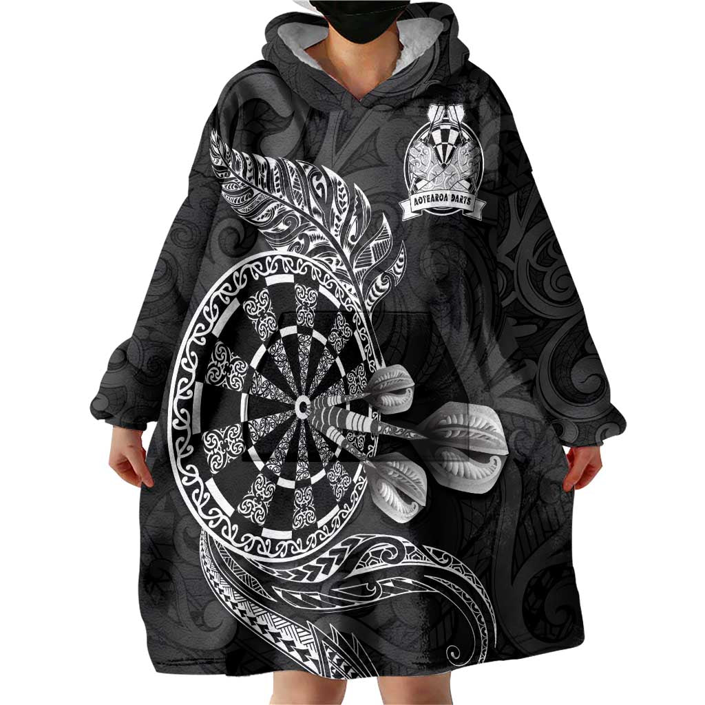 Personalised New Zealand Aotearoa Darts Masters Wearable Blanket Hoodie Tribal Silver Fern and Ta Moko Dartboard LT03 - Polynesian Pride