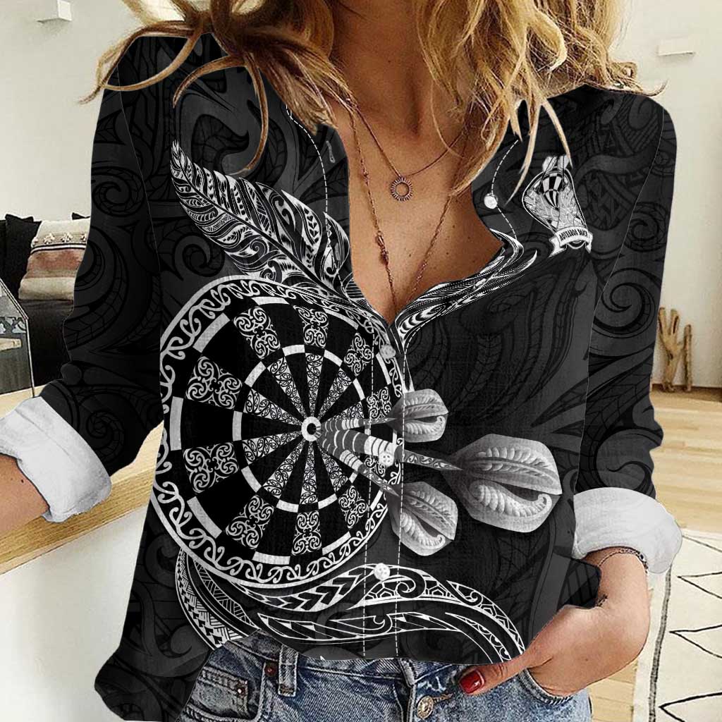 Personalised New Zealand Aotearoa Darts Masters Women Casual Shirt Tribal Silver Fern and Ta Moko Dartboard LT03 Female Black - Polynesian Pride