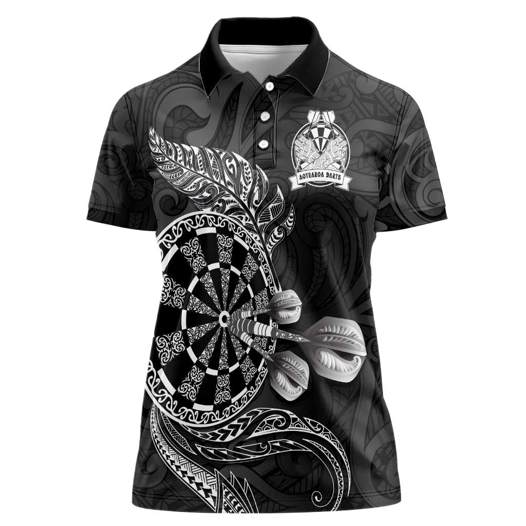 Personalised New Zealand Aotearoa Darts Masters Women Polo Shirt Tribal Silver Fern and Ta Moko Dartboard LT03 Female Black - Polynesian Pride