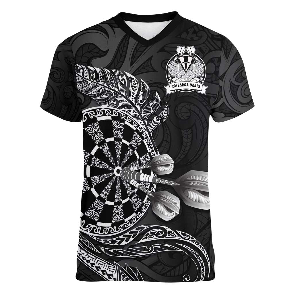 Personalised New Zealand Aotearoa Darts Masters Women V-Neck T-Shirt Tribal Silver Fern and Ta Moko Dartboard LT03 Female Black - Polynesian Pride
