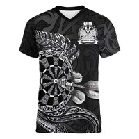 Personalised New Zealand Aotearoa Darts Masters Women V-Neck T-Shirt Tribal Silver Fern and Ta Moko Dartboard LT03 Female Black - Polynesian Pride