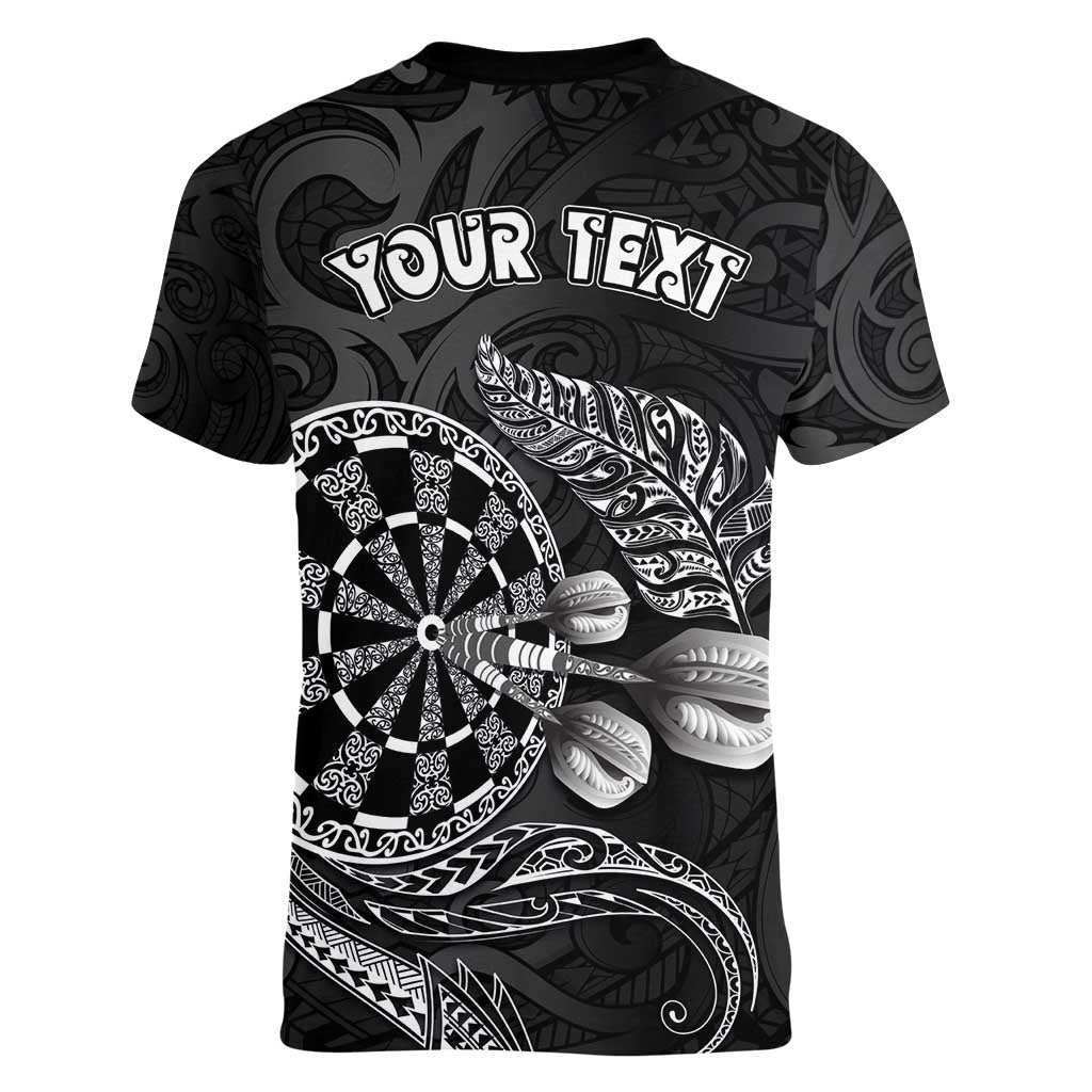 Personalised New Zealand Aotearoa Darts Masters Women V-Neck T-Shirt Tribal Silver Fern and Ta Moko Dartboard LT03 - Polynesian Pride