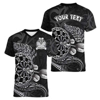 Personalised New Zealand Aotearoa Darts Masters Women V-Neck T-Shirt Tribal Silver Fern and Ta Moko Dartboard LT03 - Polynesian Pride