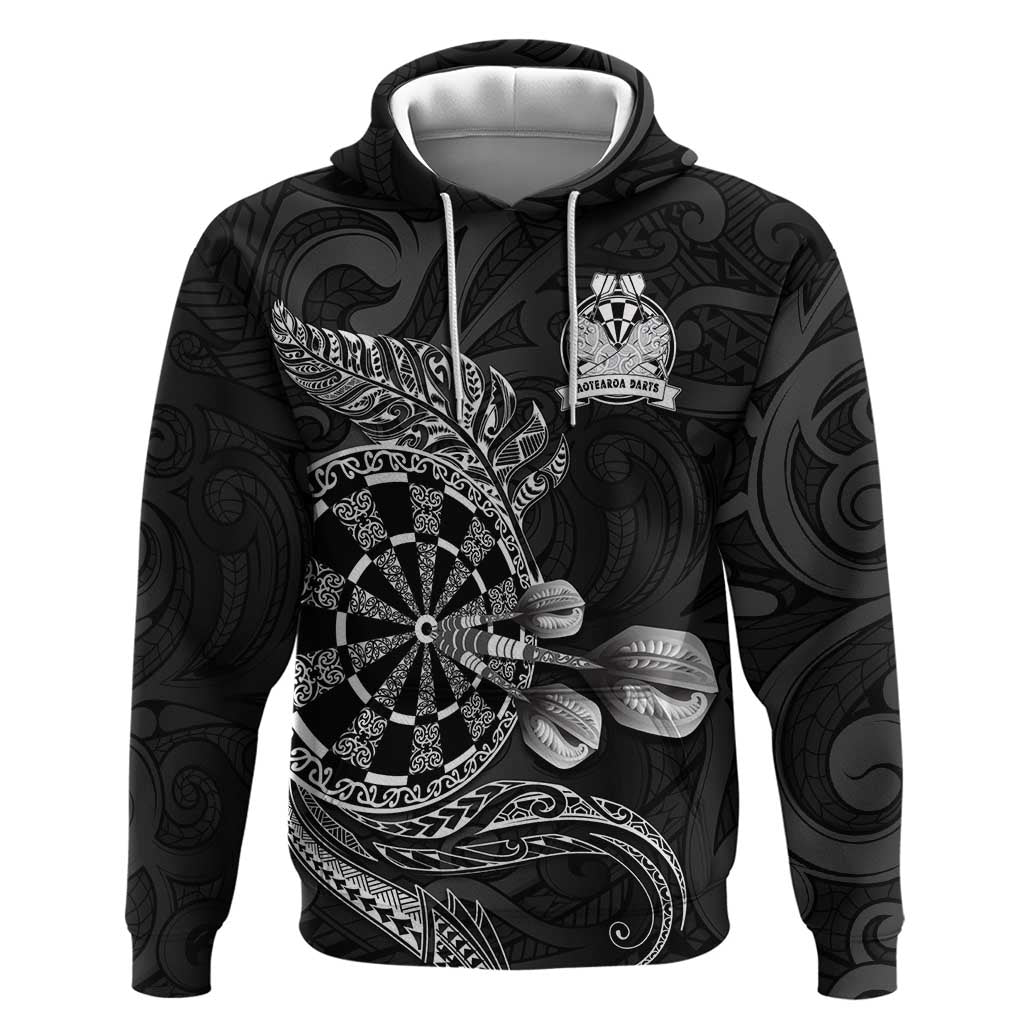 Personalised New Zealand Aotearoa Darts Masters Zip Hoodie Tribal Silver Fern and Ta Moko Dartboard LT03 Pullover Hoodie Black - Polynesian Pride