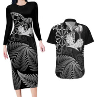 Personalised New Zealand Aotearoa Darts Masters Couples Matching Long Sleeve Bodycon Dress and Hawaiian Shirt Silver Fern and Maori Spirit LT03 Black - Polynesian Pride