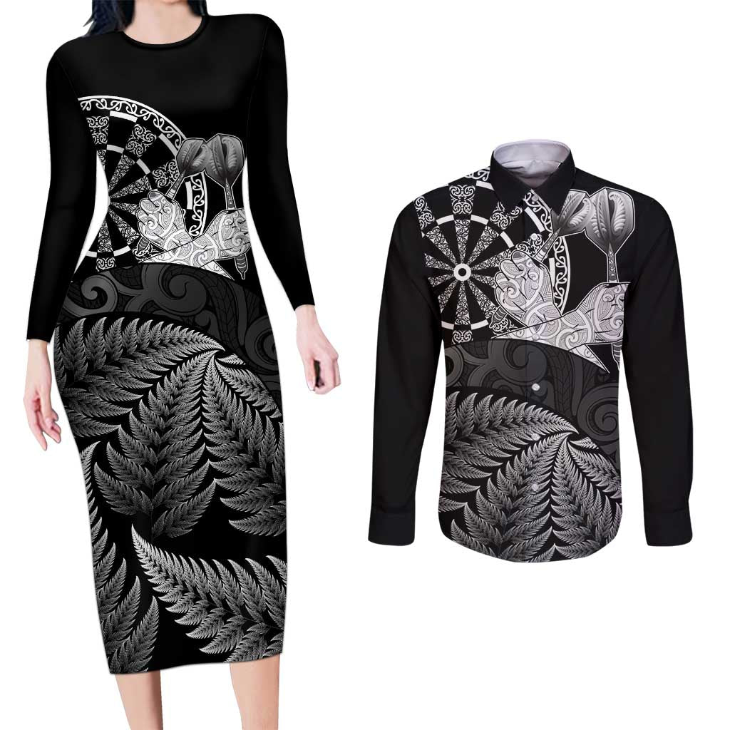 Personalised New Zealand Aotearoa Darts Masters Couples Matching Long Sleeve Bodycon Dress and Long Sleeve Button Shirt Silver Fern and Maori Spirit - Polynesian Pride