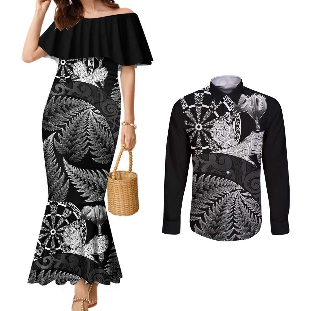 Personalised New Zealand Aotearoa Darts Masters Couples Matching Mermaid Dress and Long Sleeve Button Shirt Silver Fern and Maori Spirit LT03 Black - Polynesian Pride