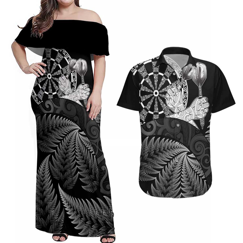 Personalised New Zealand Aotearoa Darts Masters Couples Matching Off Shoulder Maxi Dress and Hawaiian Shirt Silver Fern and Maori Spirit LT03 Black - Polynesian Pride